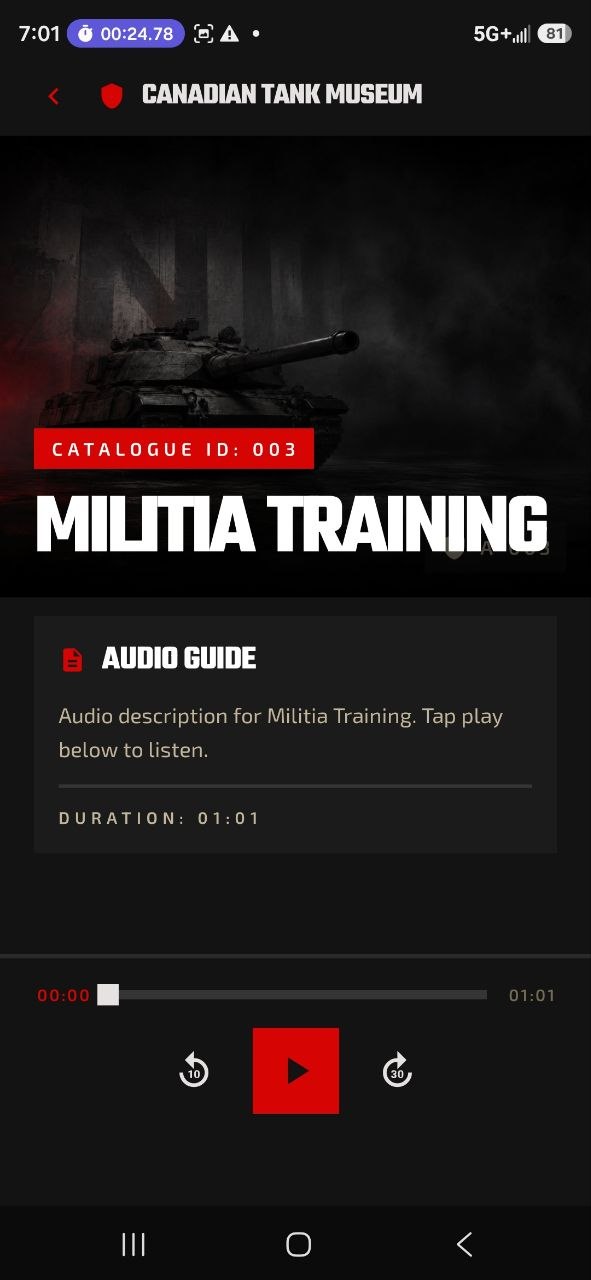 Application de guide audio du Canadian Tank Museum — récit Militia Training