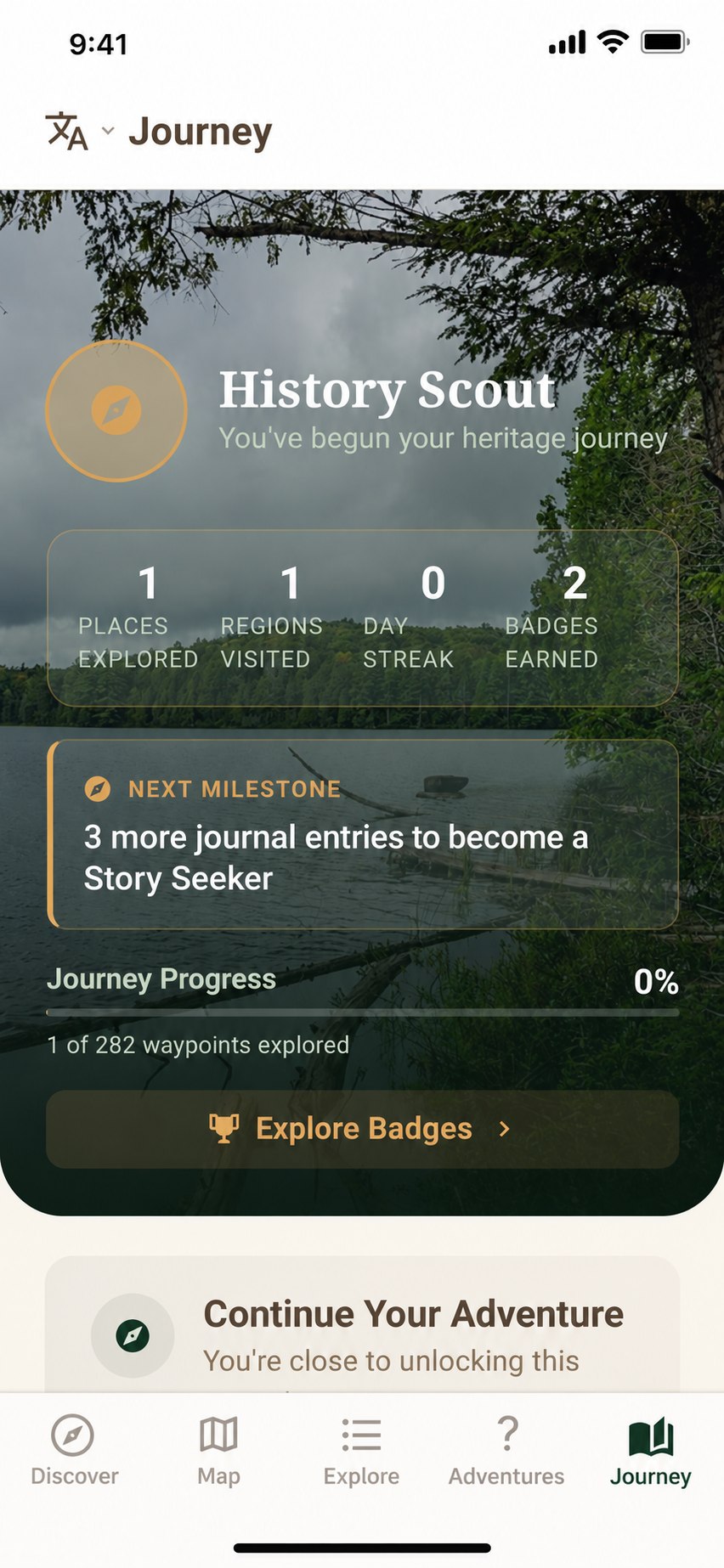 Heritage Explorer journey progress and badges