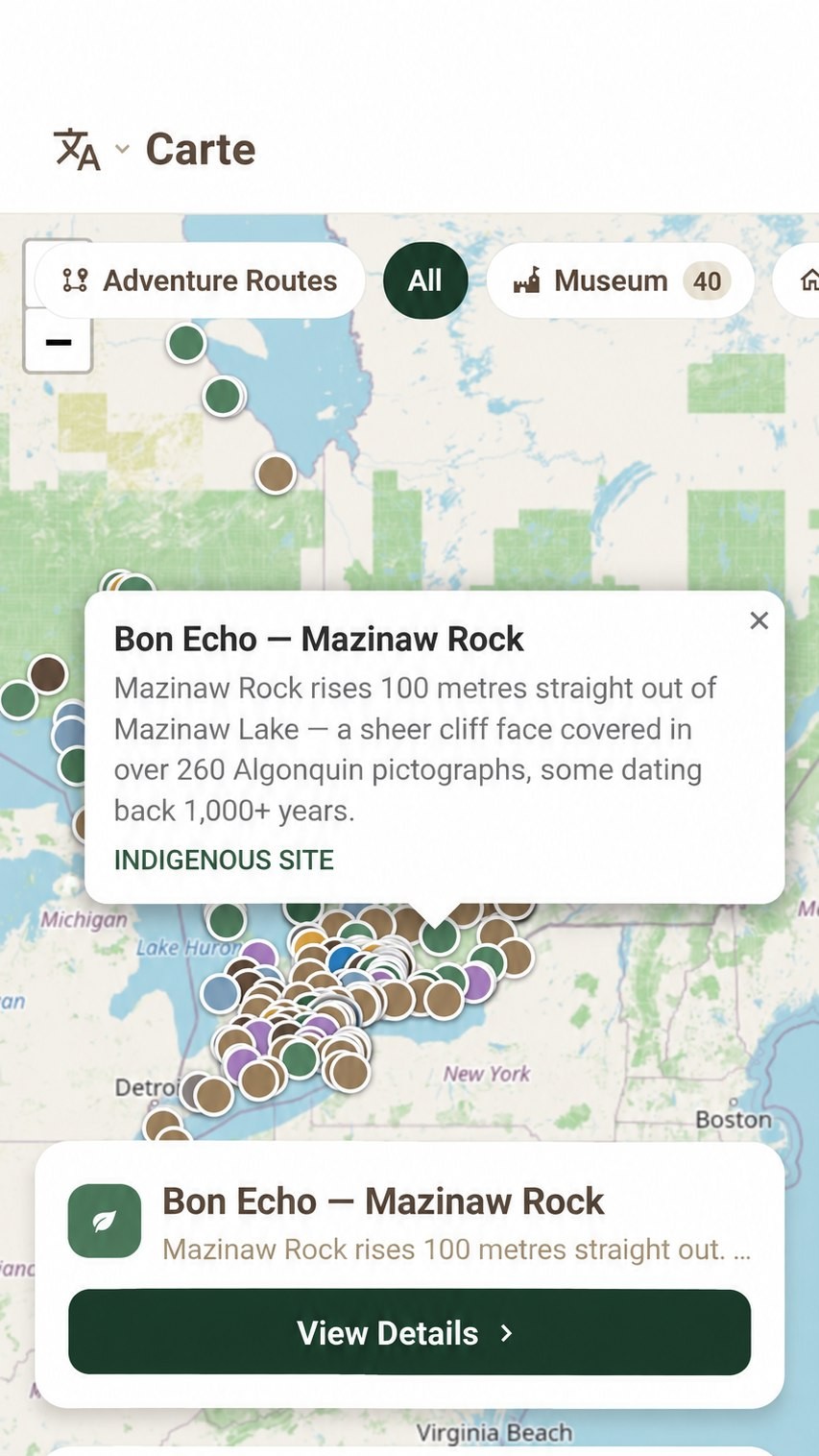 Heritage Explorer map showing waypoint pins and categories